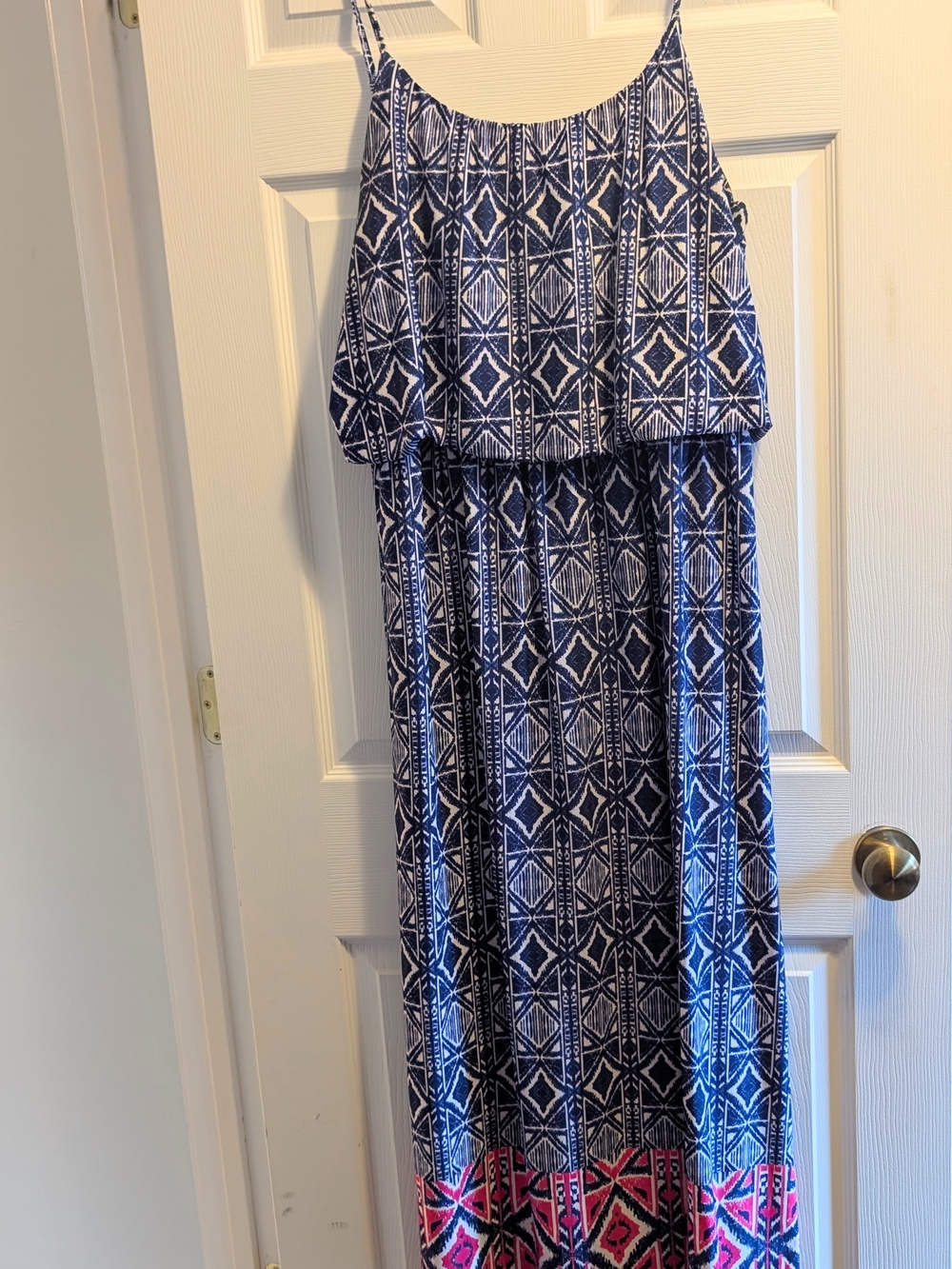Blue Boho Geometric Maxi Dress with Pink Border - Women - Picture 2 of 5